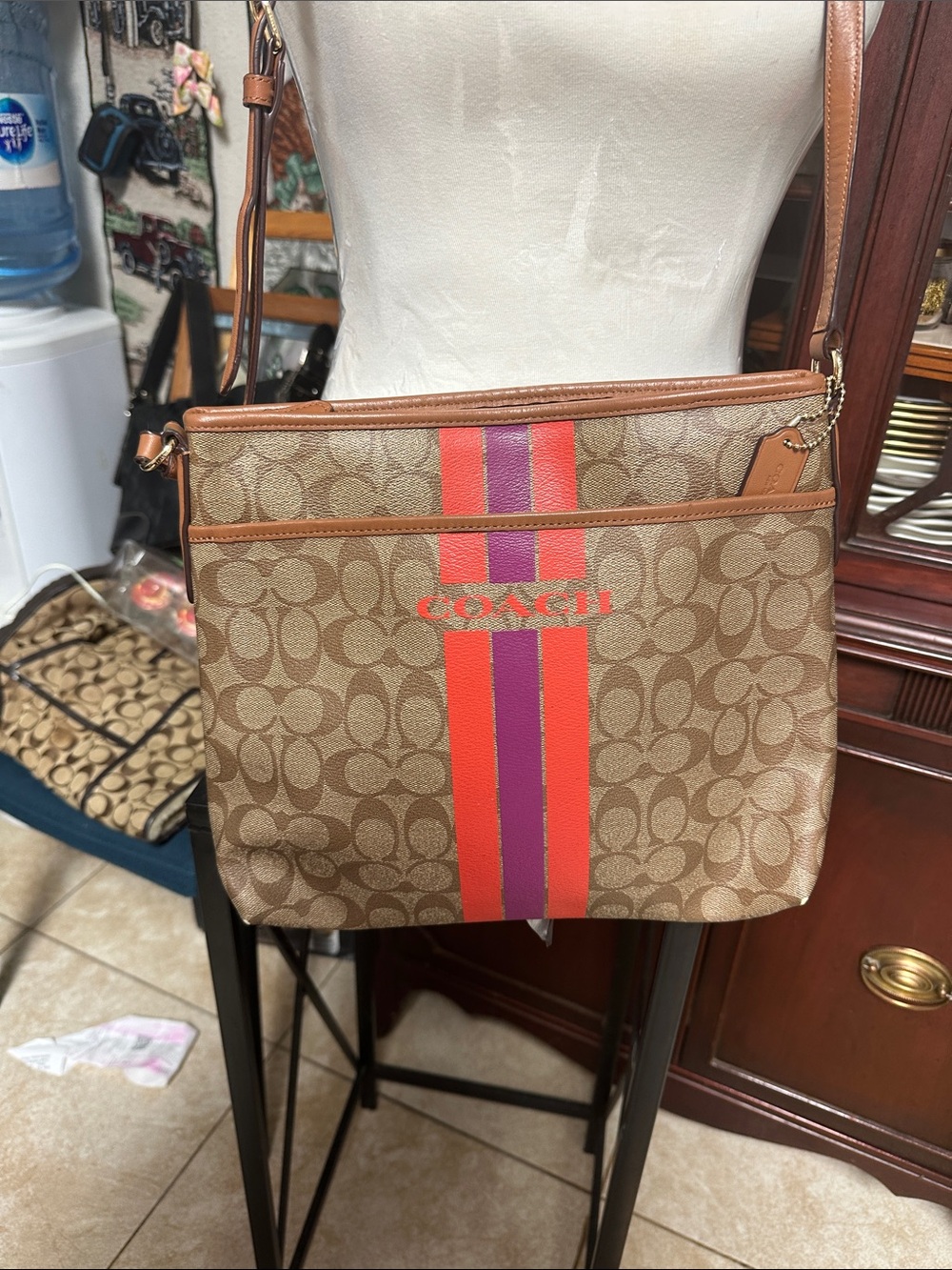 Coach Brown Signature Crossbody with Pink & Orange Center Stripe - Picture 2 of 9